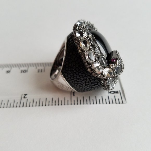 Women's Silver 925 Aquamarine Black Onyx Stingray Skin Snake Ring Size 8 - Picture 12 of 15